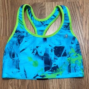 Blue and neon green champion sports bra